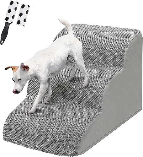 LIANTRAL Escalera y Rampa para Perros para Cama o Sofá, 3 peldaños de Espuma Alta Densidad con Funda Lavable y Rodillo de Pelusa, Escalera para Perros Pequeños, Gatos y Mascotas Mayores, Gris