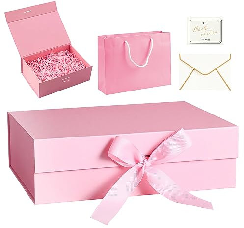 CHEVVY Magnetische Geschenkschachtel 26 x 18,8 x 8 CM Faltbare Geschenkboxen Rechteckige Geschenkverpackung Geburtstag mit Grußkarten Magnetbox für Hochzeit Weihnachten Valentinstag (Rosa)