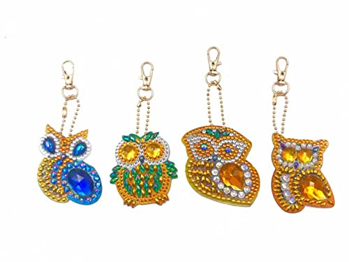 4 Stück Diamantmalerei Schlüsselanhänger, 5D Eule DIY Diamant Anhänger für Kinder und Erwachsene Anfänger, Anhänger Kunst Handwerk Tasche Dekor, Handy Riemen Geschenk, Weihnachtsbaumschmuck,