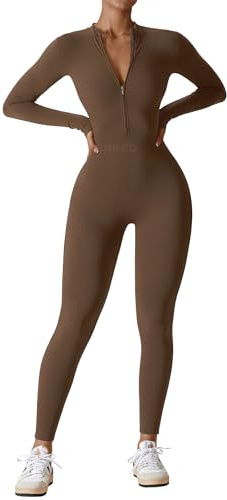 YEOREO Women Long Sleeve Workout Jumpsuit Zip Up Romper Bottom Pants Bodysuit Bodycon Sexy One Piece, Coffee, Small