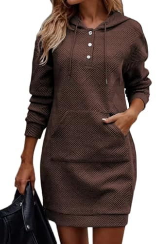 Tomwell Robe Casual Femme à La Mode Pull à Capuche Couture léopard Robes avec Poche Manches Longues Jupe Mini Automne Hiver Vêtements Droit Décontractée Robe Sweats C Café XXL