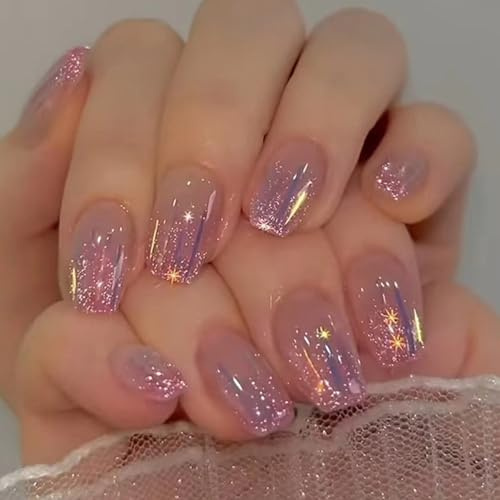 Ceboic 24 Stück Künstliche Nägel Kurz Eckig, Glitzer Rosa Nageltips Aurora Meteor Nägel zum Aufkleben, Ballerina Full Cover Kunstnägel Acryl Press on Nails für Frauen Mädchen Maniküre Dekoration