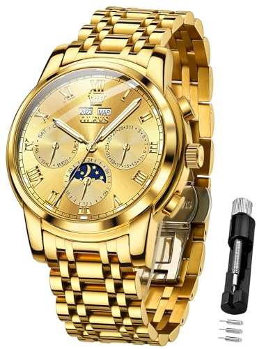 OLEVS Herren-Automatikuhr, mechanisch, selbstaufziehend, luxuriös, Business-Kleid, Mondphase, Edelstahl, Kalender, Armbanduhren für Herren, wasserdicht, leuchtend