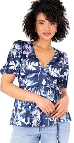 Lovedrobe Women's Ladies Wrap Top Short Puff Sleeve V-Neck Floral Floral Print Peplum Satin Blouse Smart Casual Office Wear Navy Blue 24