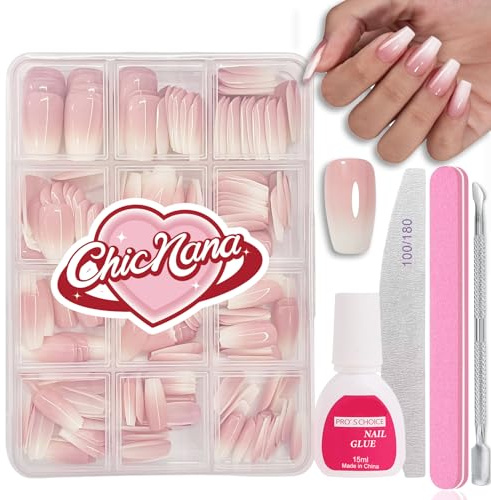 Ombre False Nails Kit, 240Pcs Gradient Pink Press On Nails with Glue, Ombre Pink Long Coffin Fake Nail 12 Sizes Stick On Nails Gift for Women Girls (01-Ballerina, 240pcs)