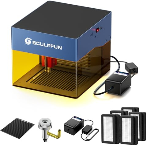SCULPFUN iCube PRO MAX Lasergravurmaschine 10W mit Luftpumpe, Waben Arbeitstisch und Original Filterwatte 5 Stück, Tragbare Laser Graviermaschine 0,05 mm Gravurgenauigkeit mit Rauchfilter