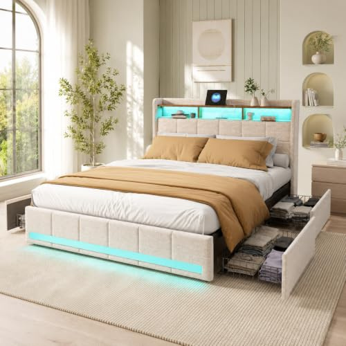 KeepGoon Polsterbettrahmen mit USB Ladestation und LED-beleuchtetem Kopfteil, 140×200cm Doppelbett Stauraumbetten Funktionsbett Bettgestell, Bettrahmen mit 4 Schubladen Beige