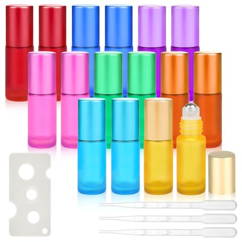 Maxmoc Botella vacía de 5 ml, multicolor, 16 unidades | Con bola de acero inoxidable, abridor, gotero para aceites esenciales, perfume, masaje