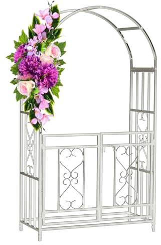 Rosenbogen aus Metall Mit Tür Tor in 210 x 52 x 114 cm (HxTxB), Wetterfeste Gartenbogen,Torbogen Rankhilfe, Hochzeitsbogen für Verzierung, Rasen, Garten(White)