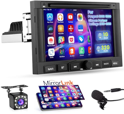 Hikity 1G+32G Autoradio Android pour for Peugeot 3008 5008 Citroen Partner Berlingo 2010-2016 Mirror Link, 7'' Écran Tactile Poste Radio avec Bluetooth WiFi GPS FM EQ SWC MIC Caméra
