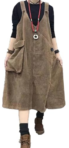 Suncolour Lockeres Cord Latzkleid mit V Ausschnitt für Damen ärmellos Latzkleid mit Hosenträgern große Taschen für Damen