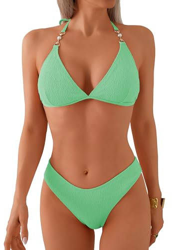swimall Womens Halter Cheeky Bikini Sets Triangle Sexy Two Piece Swimsuit High Cut Bathing Suit - Light Green-Textured - Small