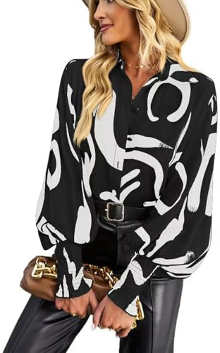 HUXRAKV Blouses for Women Dressy Casual Long Sleeve Button Down Shirts Floral Printed Fall Blouses with Lantern Sleeve Tops,WD15 Black 2,M