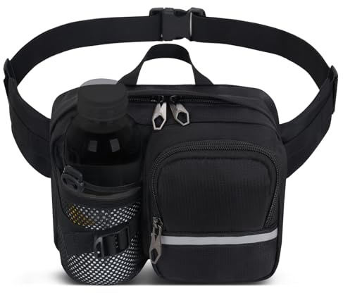 Hiking Waist Pack Waterproof Bum Bag Fanny Pack with Bottle Holder for Ladies Men Women Dog Walking Hiking Travel Cycling Outdoor (Black)