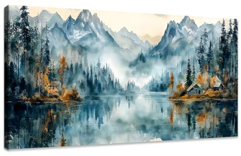WENGTIAO Acuarela Montaña Lago Lienzo Cuadro Enmarcado Grande Naturaleza Paisaje Bosque Niebla Montaña Pintura Sobre Lienzos Cuadros Decoracion Salon Modernos Dormitorios Decorativos Pared 120x50 cm