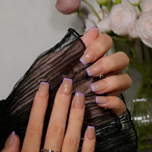 KQueenest French Tip False Nails with Glue, Light Purple Press on Nails Short Square, Natural Nude Full Cover Short Fake Nails Press ons, Reusable Soft Gel Stick on Nail for Women, 30 Pcs, Lilac