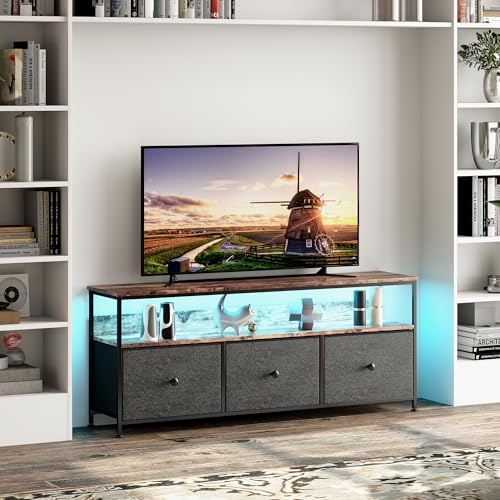 BRILVERDE Armoire TV LED, 137 cm de long, avec 3 tiroirs, espace de rangement ouvert, meuble TV, meubles de chambre et salon, rangement, bois (noir)