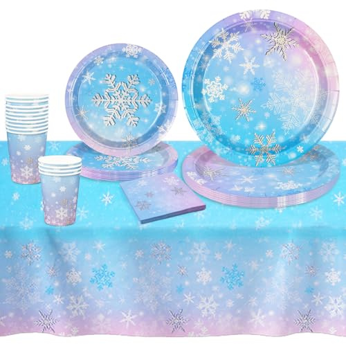 69 Pcs Winter Wonderland Tableware,Blue Purple Party Paper Plates Cups and Napkins,Frozen Party Tableware for Birthday Wedding Children Partys