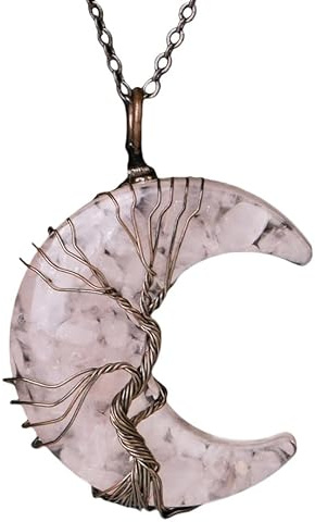 Générique Collier Pendentif Arbre De Vie Enroulé En Fil De Fer Reiki Pendentif Croissant De Lune Cristal Énergétique Bijoux Spirituels Fait Main En Gravier Naturel Collier En Pierre Précieuse