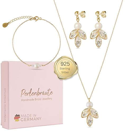 Schmuck Damen Zirkonia und Perlen Hochzeit – premium 925 Silber Schmuckset & Ohrringe Braut – hochwertiger Brautschmuck Perlen – Schmuckset gold Braut – Brautohrringe - Geschenk