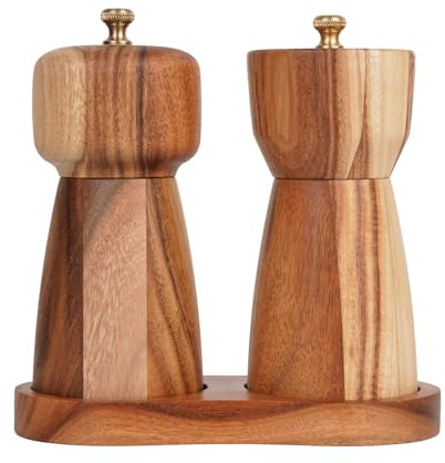 DeroTeno Salt- och pepparkvarn set med bricka, justerbar keramisk kvarn saltkvarn, pepparkvarn i rostfritt stål, akaciaträ, 14 cm/5 tum höjd, botten diameter 6 cm (bricka ingår)