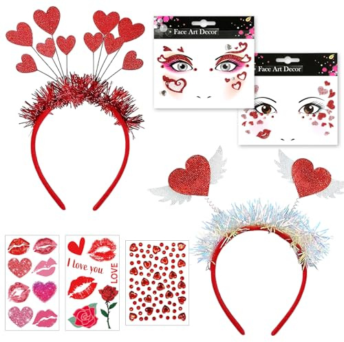 PeakPeek Amor Kostüm Fasching Accessoires, 2 Haarreif Herzen+2 Herz Gesichtstattoo+2 Herz Tattoos +1 Glitzersteine Gesicht, für Karneval, Fasching, Valentinstag, Hochzeit, Mottoparty, Foto-Requisiten