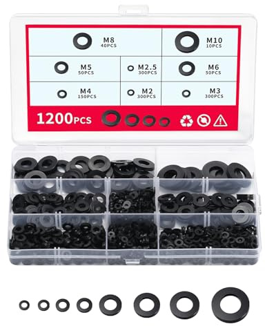 1200 PcsRondelles Nylon, rondelle plastique pour vis, joints plats caoutchouc, assortiment de rondelles plates pour boulons, domestique et commercial, M2 M2.5 M3 M4 M5 M6 M8 M10 (noir)