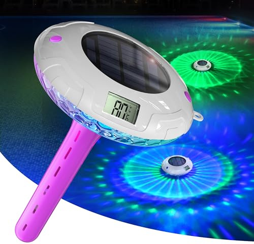 Solar Digital Pool Licht mit Dual LCD Bildschirmen, Leicht ablesbares Schwimmendes Poolthermometer mit 8 dynamischen Lichteffekten, IPX7 Wasserdicht Digital Thermometer