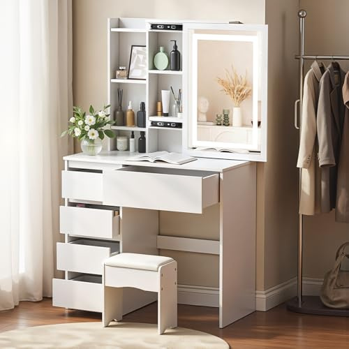 ZBAUK Dressing Table with LED Lighting Mirror, 3 Lighting Modes Adjustable Brightness,Vanity Table,Makeup Desk with 5 Drawers and 3 Storage Shelves, Modern White (Q2)