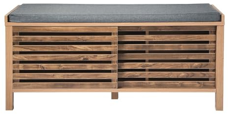 Calicosy - Banco de zapatos con 2 puertas correderas con hojas caladas - Cojín de tela gris lino - patas de madera y decoración madera - Colección Liam - Entrada, dormitorio - L 112 x P 43,5 x 51 cm