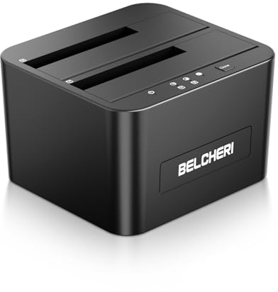 BELCHERI USB 3.0 hårddiskdockningsstation med dubbla fack, för 2,5 tum/3,5 tum SATA HDD/SSD, offline-kloning och UASP för säkerhetskopiering