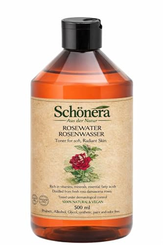 Schönera Rent rosenvatten – 100 % naturlig rosenhydrolat, rosenvatten, traditionellt destillerat via träeld, utan alkohol och tillsatser, för ansikte, hud och hår