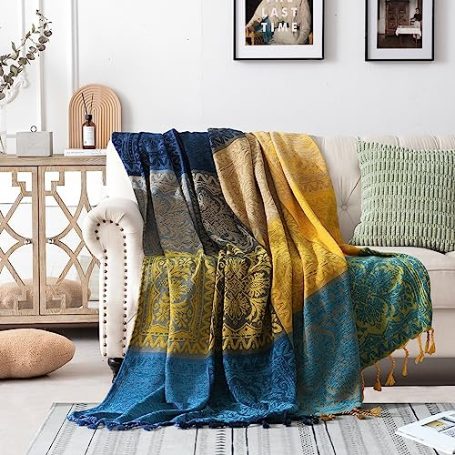 Edcooy Überwürfe für Sofas, farbenfrohe Chenille Quasten gewebte Hippie Überwurfdecken für Couch Bett Sofa Sessel, Bohemian Fransen Quasten Dekor Zuhause (Blau, 150 x 200 cm)..