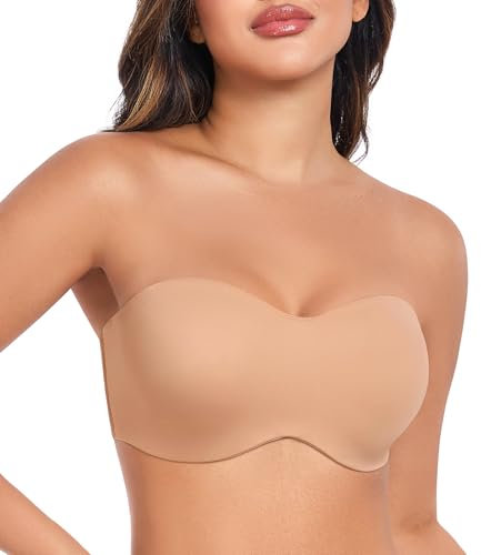 DotVol Seamless Bandeau Unlined Underwire for Large Bust Women's Minimizer Strapless Bra (34DD,Walnut)