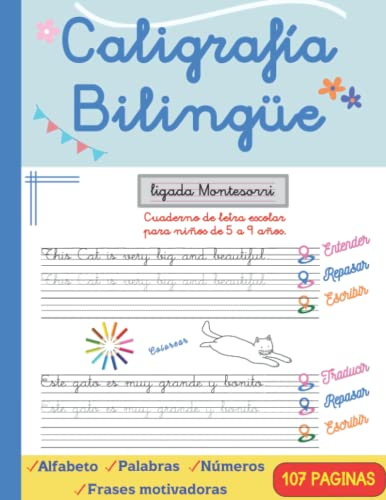 CALIGRAFÍA BILINGÜE EN INGLES - ESPAÑOL EN BLANCO Y NEGRO.: Cuaderno de Caligrafía para aprender y mejorar la escritura practicando otro idioma.