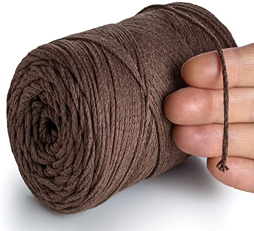 MeriWoolArt® Makramee Garn Braun 2 mm x 250 m Baumwollkordel, recyceltes weiches Baumwollgarn für das Stricken von Pflanzenhängern, Schmuckherstellung, Häkeltaschen