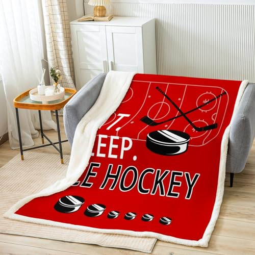Feelyou Ice Hockey Plush Blanket Winter Sports Fleece Throw Blanket for Boys Girls Children Red Sherpa Blanket Room Decor Puck Hockey Fuzzy Blanket for Sofa Bed Couch,Throw 50x60 Inches