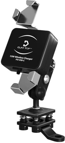 Cliff Top Motorrad-Handyhalterung mit Ladegerät, 15 W kabellos + 18 W USB-C Anti-Vibration, Motorrad-Handyhalterung, kompatibel mit den meisten Smartphones (für 10 mm Rückspiegel)