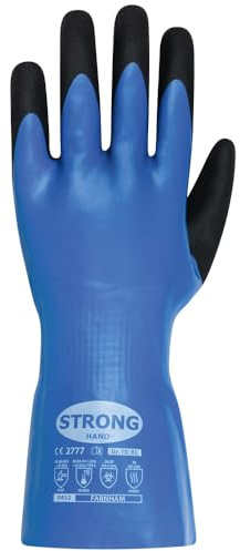StrongHand schnittfeste Chemikalienschutzhandschuhe, doppelt beschichtet, Schnittfestigkeit Level F (!), 30 cm lang, Blau-Schwarz, Größe 8 bis 12 (1, 8/M)