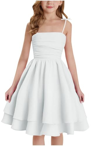 duxyoz Spring Summer Dresses for Girls UK Square Neck Off Shoulder Sundress Kids Smocked Tiered Layered Princess Party Dress Casual A-Line Cami Dresses Flower Girl Mini Dress 8-9 Years White