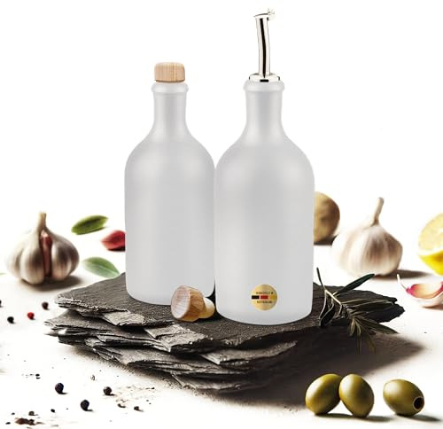 Veluxis Öl & Essig Flaschen-Set, 2x 500ml Feinsteinzeug Flaschen mit tropffreiem Ausgießer inkl. 2x Ersatzdeckel, Made in Germany, 100% UV-Schutz, lebensmittelechte Materialien (Weiß) | Zum Befüllen mit Olivenöl und Essig, Ölspender mit Ersatzdeckel