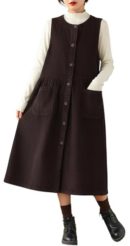 Robe en velours côtelé pour femme - Sans manches - Robe maxi avec boutonnière - Robe débardeur - Col rond - Vêtement de printemps - Coupe ample - Robe longue à bretelles avec poches, R café, XXL