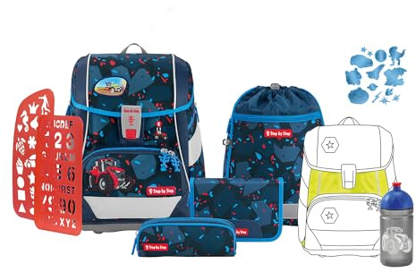 Step by Step Schulranzen-Set 2IN1 Plus „Tractor Freddy“, 9-teilig, blau, ergonomischer 19L Tornister, höhenverstellbar mit Hüft- und Brustgurt für Jungen ab der 1. Klasse