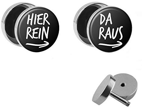 Treuheld® | Hier Rein/Da Raus - Fake Plugs im Set | Lustige Spruch Ohrstecker zum Schrauben | 10mm | Witzige Chirurgenstahl Ohrringe in Silber