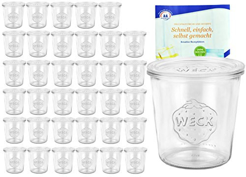 MamboCat 36er Set Weck Gläser 580ml 1/2 Liter Sturzgläser mit 36 Glasdeckeln inkl. Gelierzauber Rezeptheft von Diamantzucker I Original Weck Sturzglas I Einweckgläser mit Deckel für Kuchen Gelees