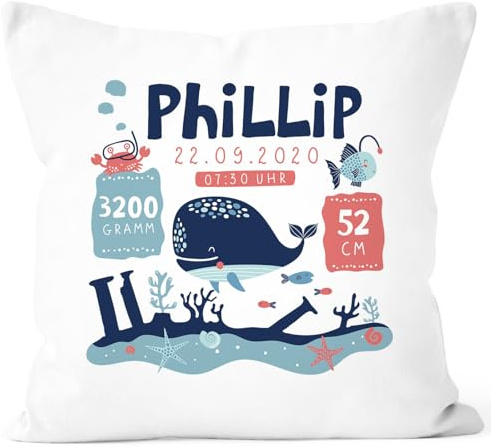 SpecialMe® personalisierbare Kissen-Hülle zur Geburt Unterwasser-Welt Namenskissen Geschenk Geburt Baby Weiss Unisize