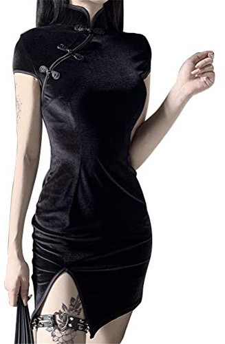 Abito da donna in stile cinese tradizionale retrò sexy in velluto a maniche corte mini split Cheongsam Qipao da donna, Pantaloncini neri., M
