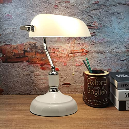 WRMING Blanco Vintage Lámpara de Escritorio Banquero, Lámpara de Banquero con Interruptor, Pantalla de Vidrio Lámpara de Oficina, Metal Dormitorio Lámparas de Lectura, E27