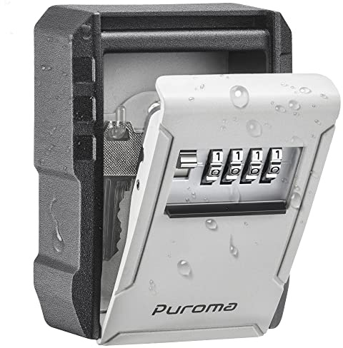 Puroma Key Lock Box with Key Hook, Resettable 4-Digit Combination Lockbox, Waterproof Key Storage Security Lockbox, Large Capacity Wall Mounted Lockbox for House Keys, Realtors, Garage Spare Keys