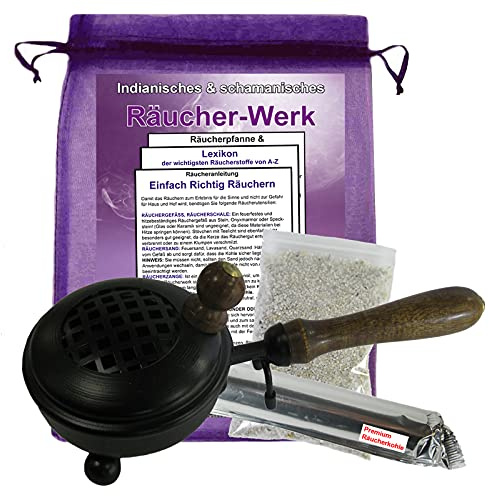 RÄUCHERPFANNE & WEIHRAUCHBRENNER 21cm mit Griff. 7-TLG Set zum AUSRÄUCHERN für Räucherwerk. Räuchergefäß, Räucherschale, Räucherstövchen & Räucherstäbchenhalter in EINEM mit ZUBEHÖR. 3165S-1
